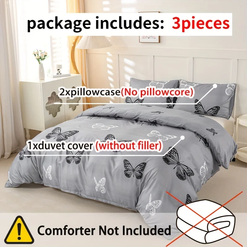 3Pcs Butterfly Print Duvet Cover Set, Soft Skin-Friendly Breathable Bedding Set, 1Duvet Cover + 2Pillowcases, All-Season