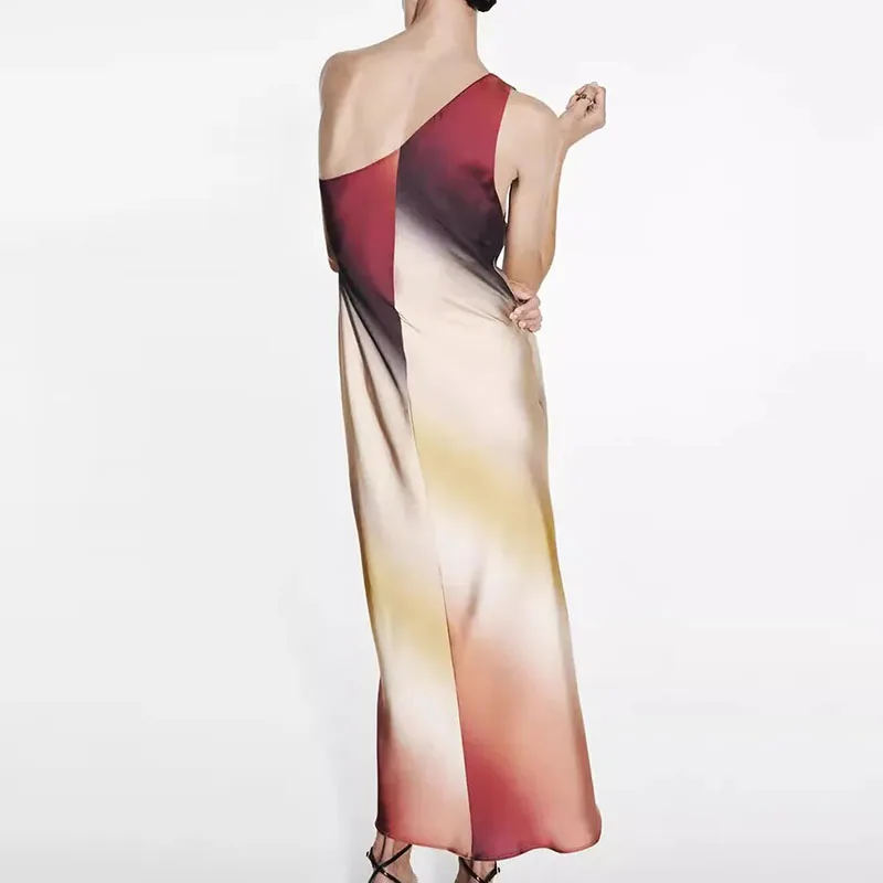 아미세미메트리 슬래시 칼라 홀터 드레스 우아한 그라데이션 프린트 슬리브리스 이브닝 드레스 여름 신상 여성 연회복