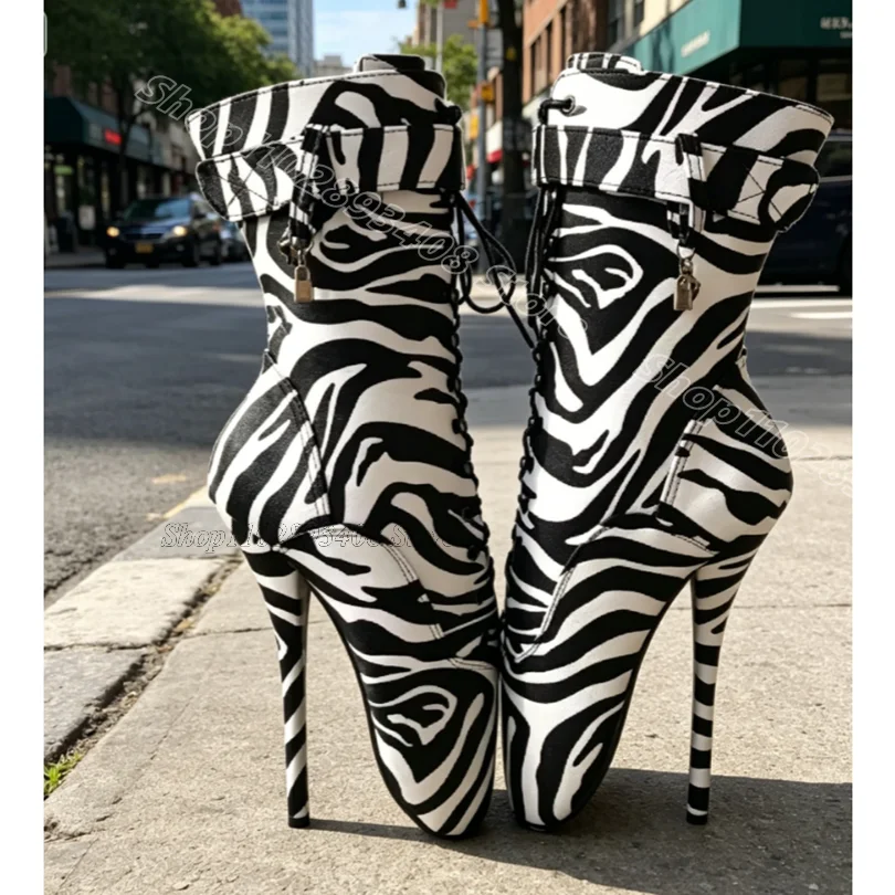 Zebra Stripe Ballet Short Boots Thin High Heels Matte Leather Stylish Design Women Performance Sexy Boots Zapatos Para Mujere - view 2