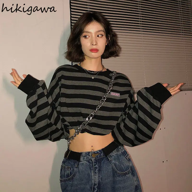 2023 Hoodies for Women Preppy Style Drawstring Striped Fashion Crop Tops Y2k Clothes for Teens Loose Casual Korean Sweatshirt