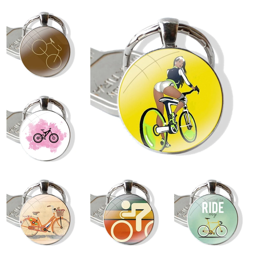 Bicycle Bike Sport Coqu Keychain Handmade Glass Cabochon Key Ring Holder Pendant Key Chains