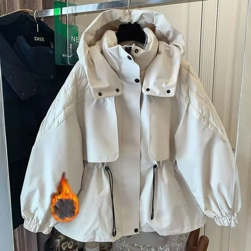 The Trend of Oversized Two-piece Cotton Workwear Women Wear Spring Autumn Loose Hooded Waist-cinching Warm Cotton-padded Jackets