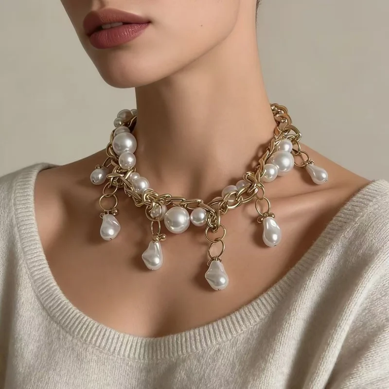

French Vintage Pearl Tassel Necklace for Women Exaggerated Multi-Layer Design Choker Light Luxury Everyday Party Accessory