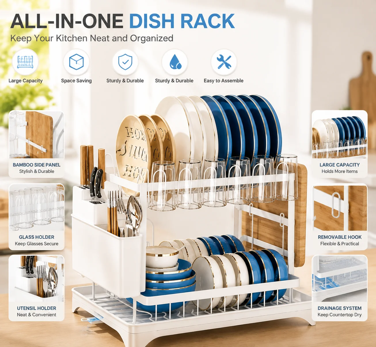 Multi‑Function 2 Layers Dish Drainer Rack, Countertop Dish Drying Organizer with Cutlery Caddy, Glass Cup Rack, Chopping Board Storage for Kitchen Tabletop Storage