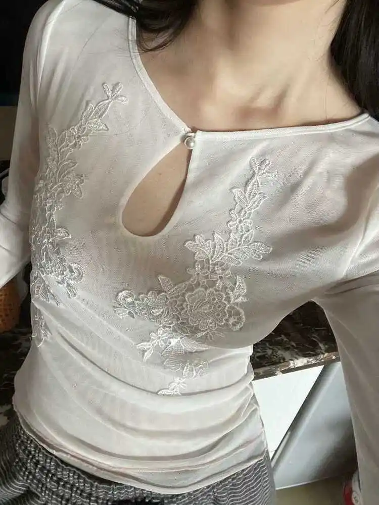 Elegant Pure Desire Chinese Style Long Sleeve Embroidered Netting Sun Protection Slimming Women's Top Commute Style Spring Su...