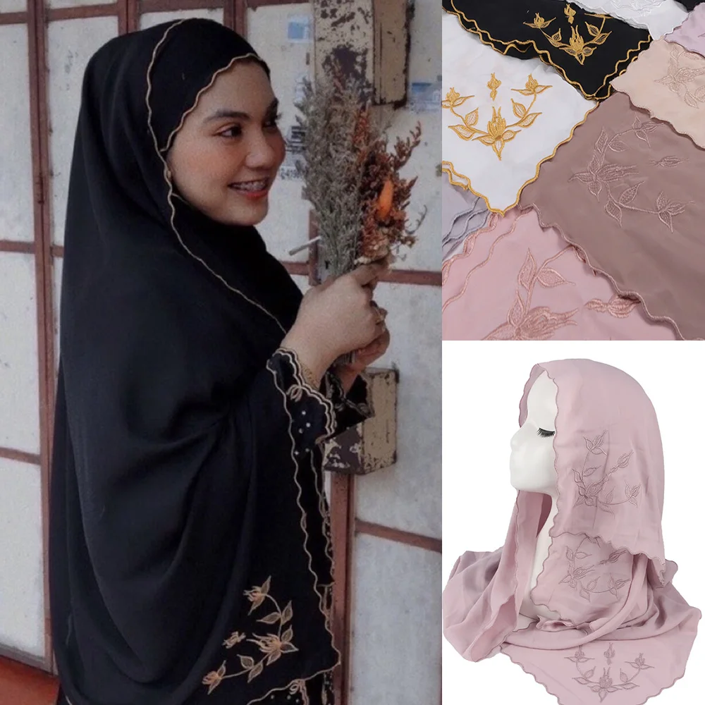 Muslim Fashion Hijab  Flower Shawl Sulam Kain Women Embroidered Chiffon  Scarf High Quality 180*70cm  Islamic Clothing Ready