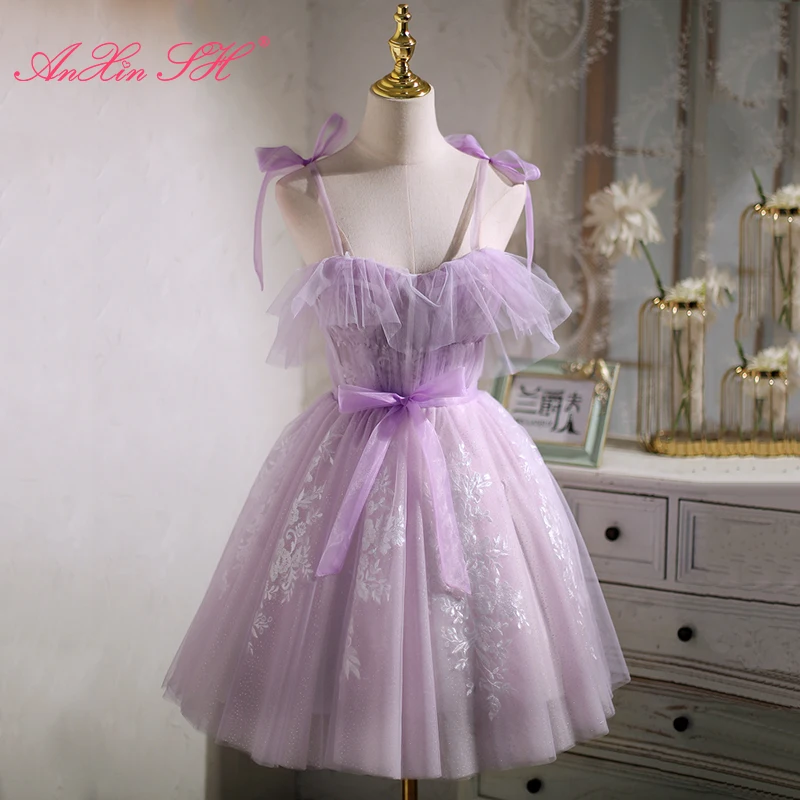 AnXin SH princess purple lace white flower short party spaghetti strap bow customized evening dress little black dress