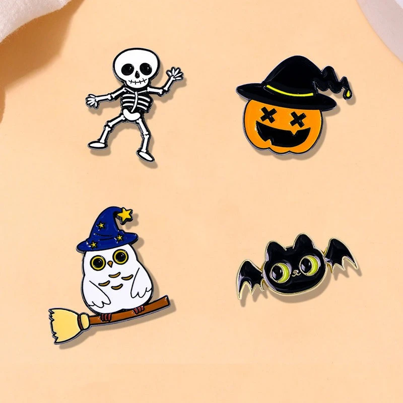 Unisex Halloween Cartoon Pumpkin Skeleton Brooch Cute Ghost Owl Metal Pin for DIY Clothes Bags Shoes Hat Scarf T-shirt Jeans