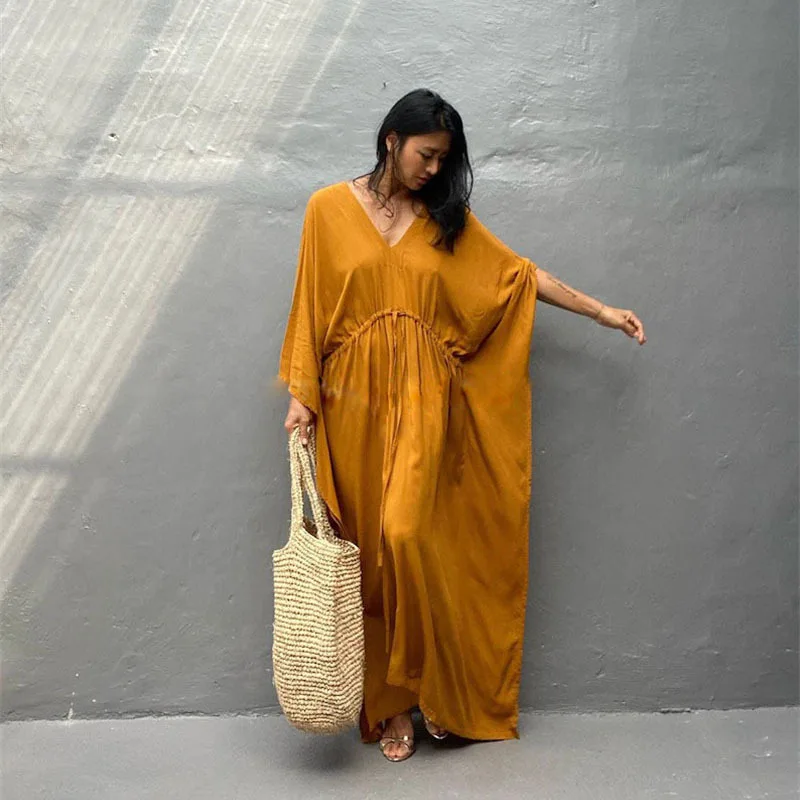Loose Solid Drawstring waist Bikini Cover-ups Tunic Sexy V-neck Butterfly Sleeve Summer Beach Wear Maxi Dress Swimsuit Cover Up