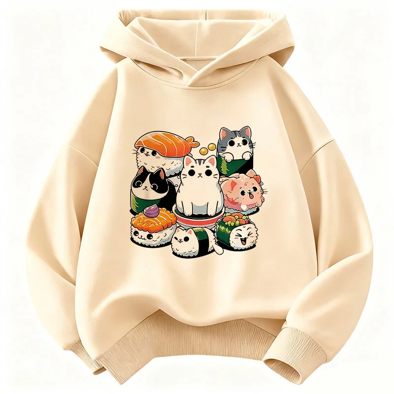 Lustiges Sushi-Katzen-Food-Design Bedruckter Hoodie Kinder-Katzen-Sweatshirt Kapuzenpullover für Jungen Mädchen Frühling Y2k Lässige Hoodies