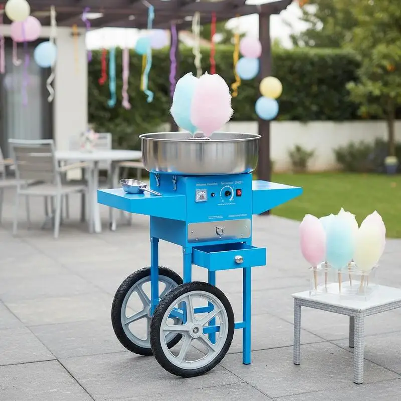 Machine à barbe à papa électrique, équipement commercial à barbe à papa avec chariot (1000 W) avec bol en acier inoxydable de 52 cm, cuillère à sucre et tiroir, idéal pour les anniversaires d'enfants et les fêtes de famille, bleu