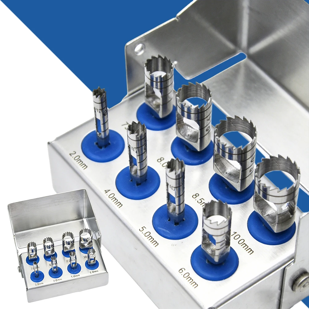 

Набор из 8 зуботехнических трепанов для имплантации с дезинфекционным держателем для хирургического сверления и имплантационных процедур