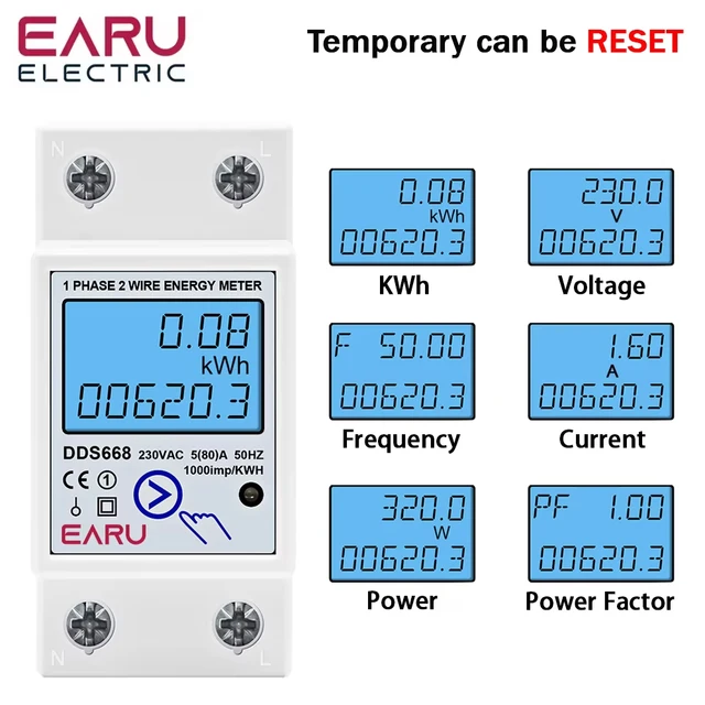 AC 230V 110V 50/60Hz Cyfrowy jednofazowy reset Miernik energii zerowej kWh Napięcie Prąd Miernik zużycia energii Watomierz Szyna Din