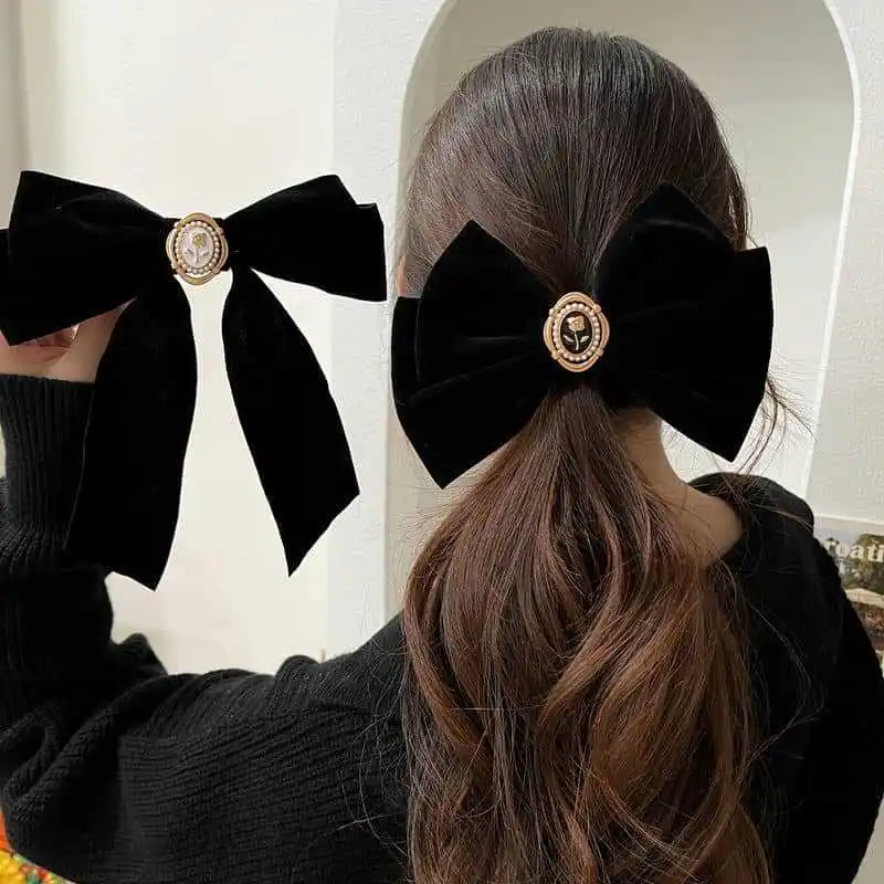 

New Black Velvet Bow Hair Pins Elegant Fabric Alloy Roses Hair Clips for Women Fashion Ponytail Barrette Heawear Accessories