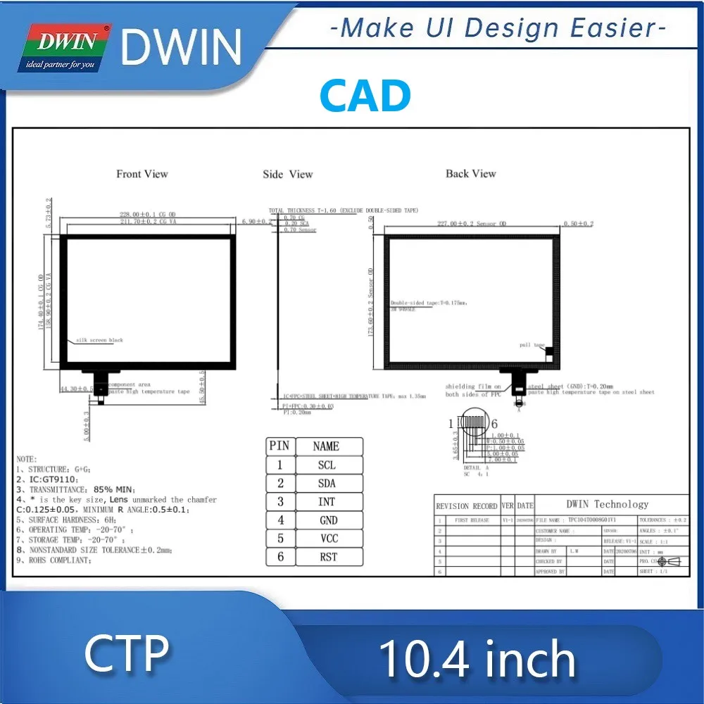 DWIN-pantalla táctil capacitiva multitáctil de 10,4 pulgadas, interfaz I2C, TPC104T0008G01V1