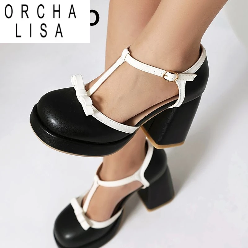 

ORCHA LISA Female Sandals Round Toe Block Heels 9cm Platform 2cm T-strap Mixed Color Bowknot Big Size 46 47 48 Sweet Daily Shoes