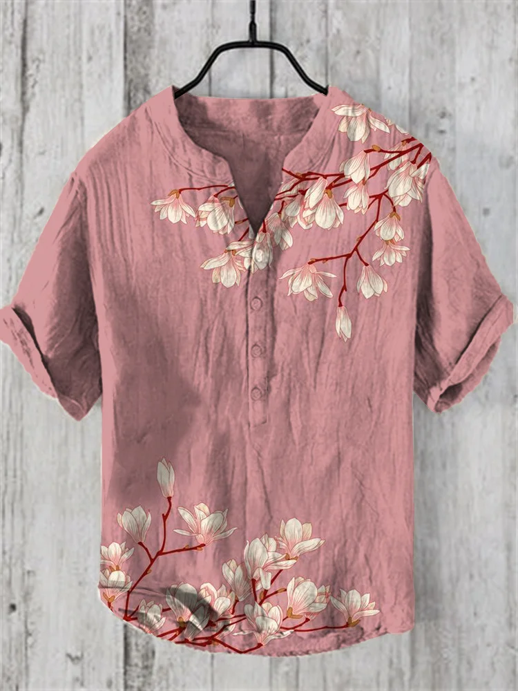 2025 Summer Men's Short Sleeve Polo Shirt Linen Printed Shirt Japanese and Korean Fashion Style Original Large Size