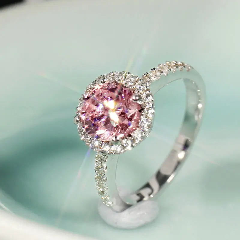 Luxury Sterling Silver Pink Gemstone Ring Round Micro Set Fashion Trend 1 Carat Romantic Jewelry