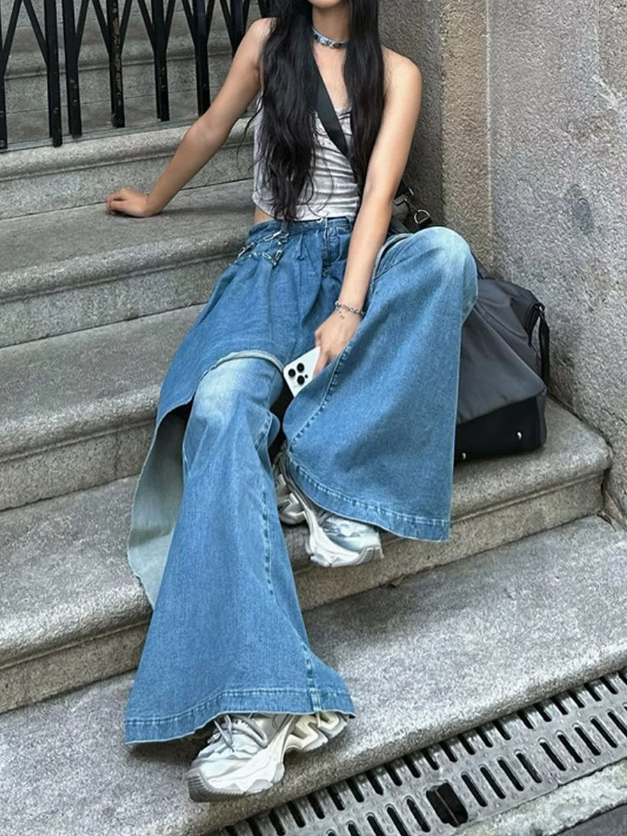 

Slimming Bell Bot Jeans Women's High Waist Long Pants Distred Denim Patchwork Design Trendy Autumn Winter New Arrival