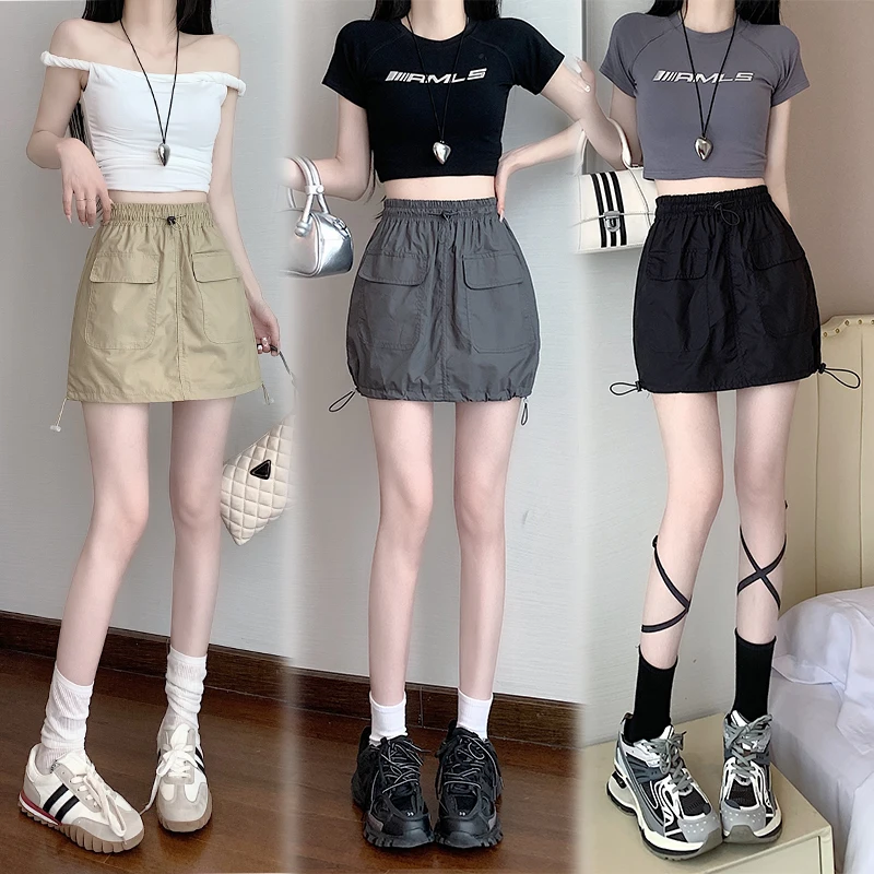 Yanling Workwear Short Skirt Women's Summer Elastic High Waist Drawstring Skirt Design Sense Pocket A- line Anti-Exposure Skirt