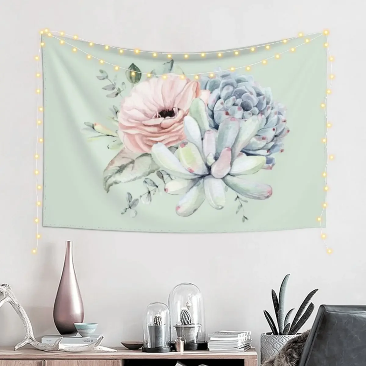 Popular Succulents Mint and Blue on White Desert Succulent Design Tapestry Wall Decorations House Decorations Tapestry