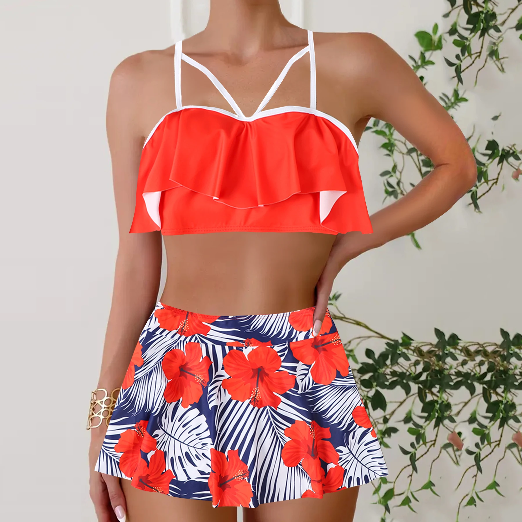Floral Pattern 2 Piece Set Tankini, Skirted Style with Boyshorts Swimsuits, Women's Swimwear & Clothing Summer Sexy Bikini