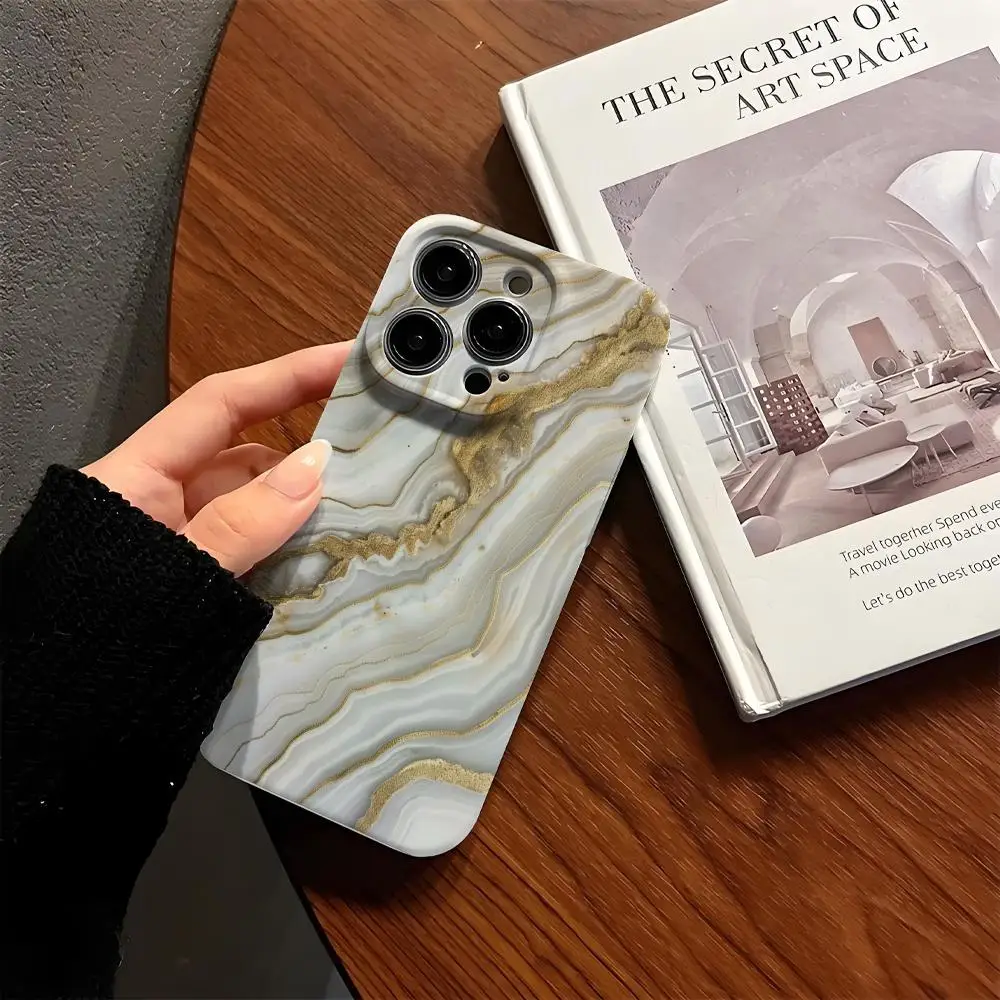 

White Marble Phone Case Korean INS For IPhone 16 15 14 13 12 11 Pro Max Plus Luxury Fine Hole Liquid Film Soft Shell