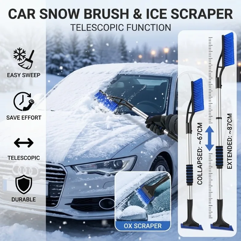 1Set Multifunctional Car Snow Shovel Aluminum Alloy Telescopic Ice Scraper Winter Windshield Brush Detachable Cleaning Accessory