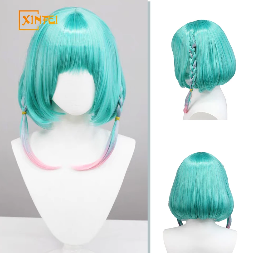 XINFEI Ombre Blue Pink Gradient Short Straight Synthetic Women Anime Game Cosplay Hair Wig for Daily Party