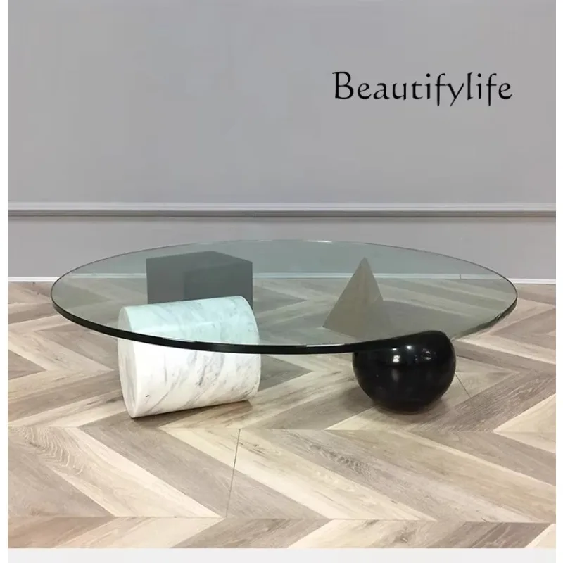 X Nordic Minimalist Designer Geometric Natural Marble Special-shaped Creative Tempered Glass Coffee Table Fashion