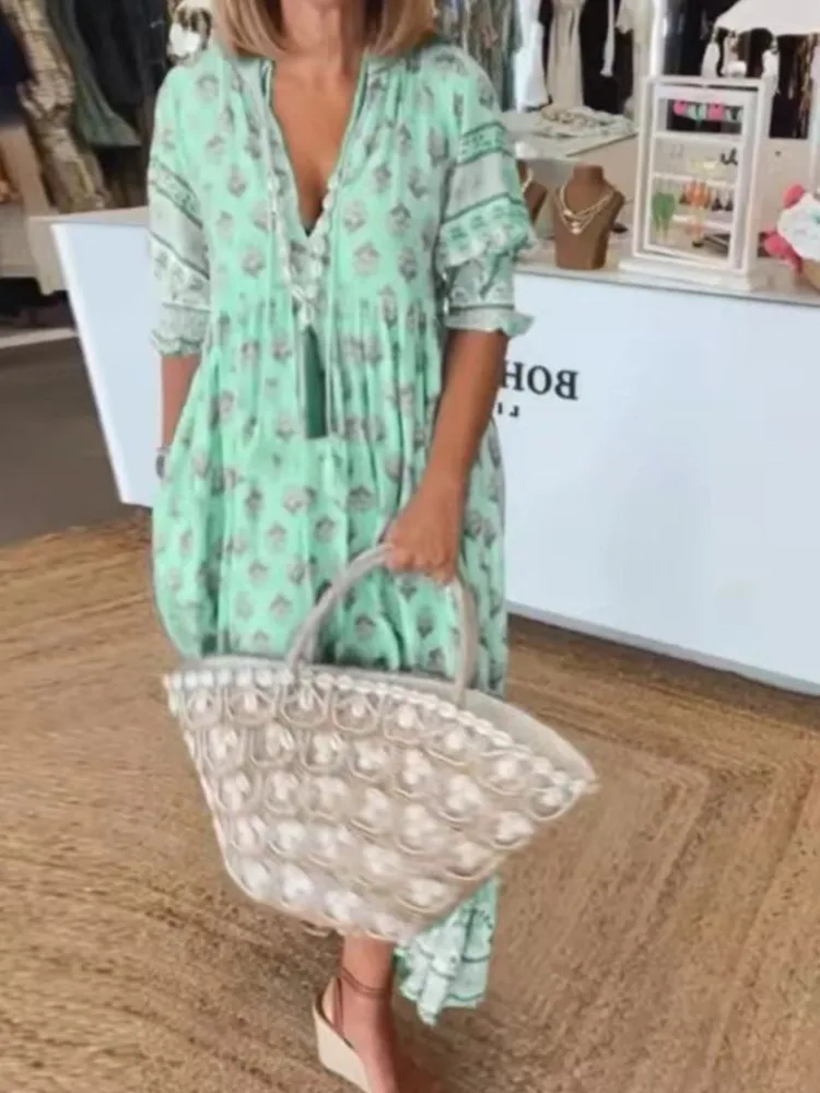 Fashion Boho Print Maxi Dress For Women Spring Summer V Neck Lantern Sleeve Long Dress Elegant Holiday Beach Dresses Robe Femme