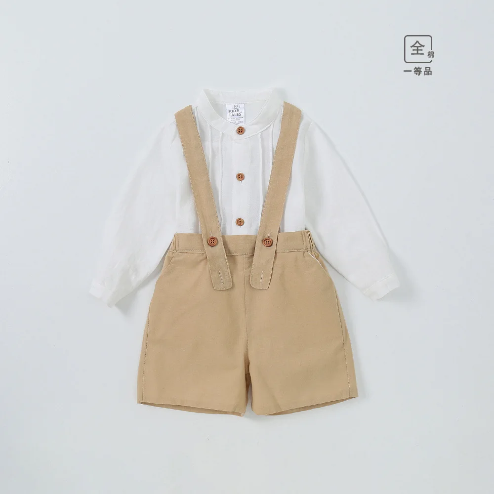 2025 Summer Boys Formal Set Cotton Long Sleeve Shirt Overall Pants Toddler Suit 1-3 Years Birthday Party Outfit Newborn Gift