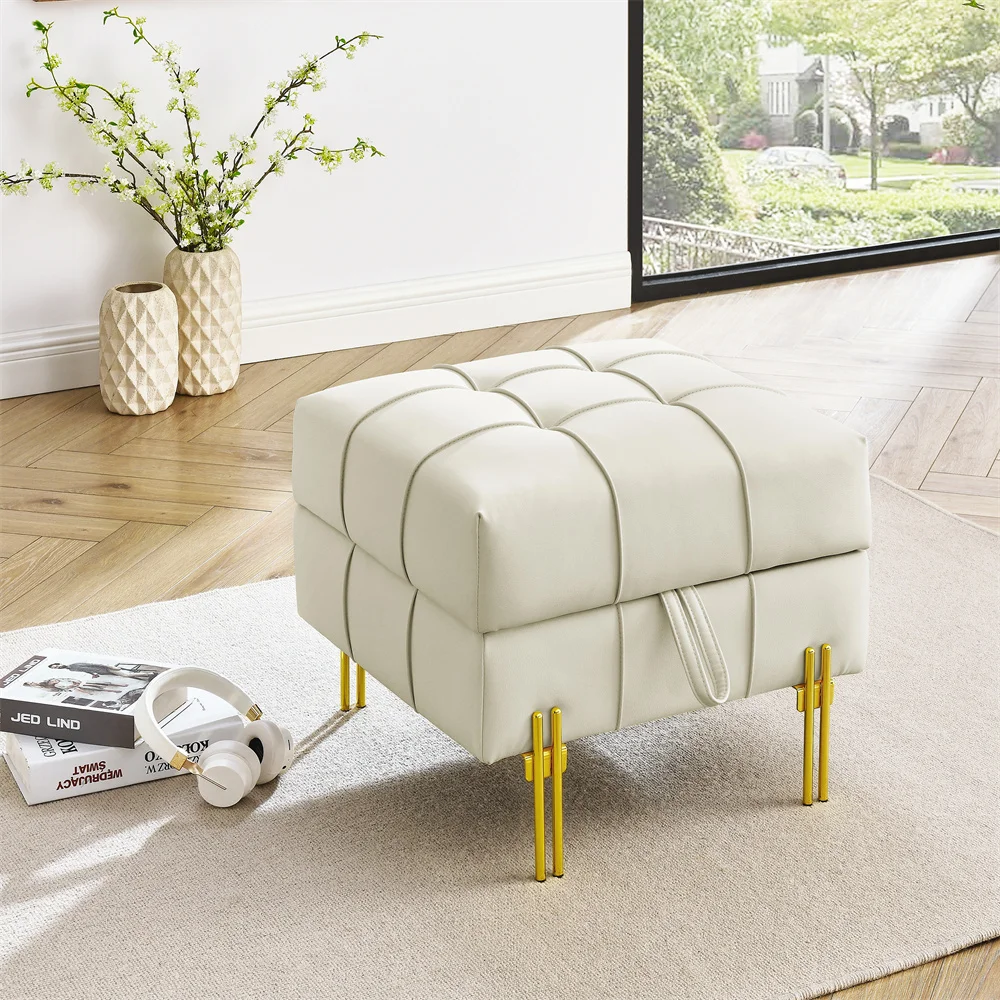 22-inch leather surface storage stool, gold stainless steel legs, simple design bench, beige.