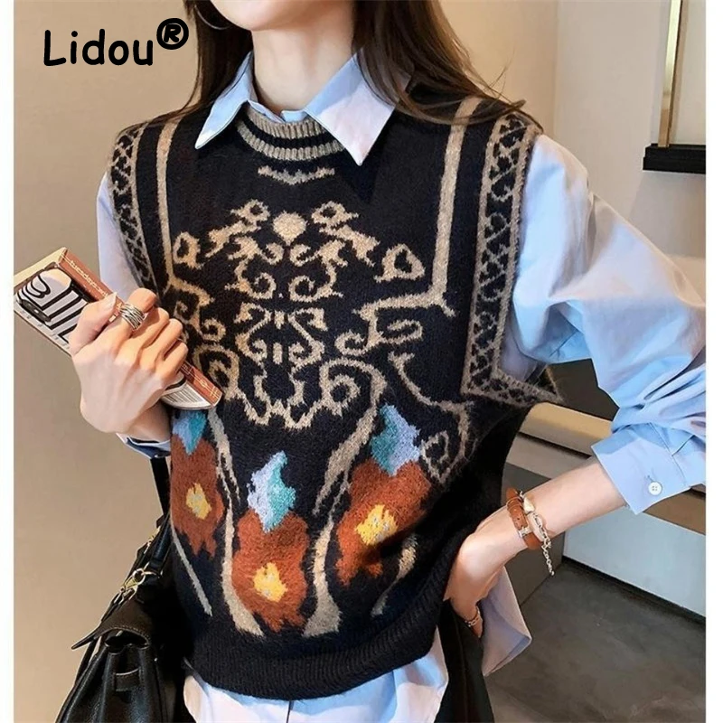 Vintage Print Spring Autumn 2022 Women Korean Style Knitted Sweater Vest Casual O Neck Sleeveless All-match Female Outerwear 3XL