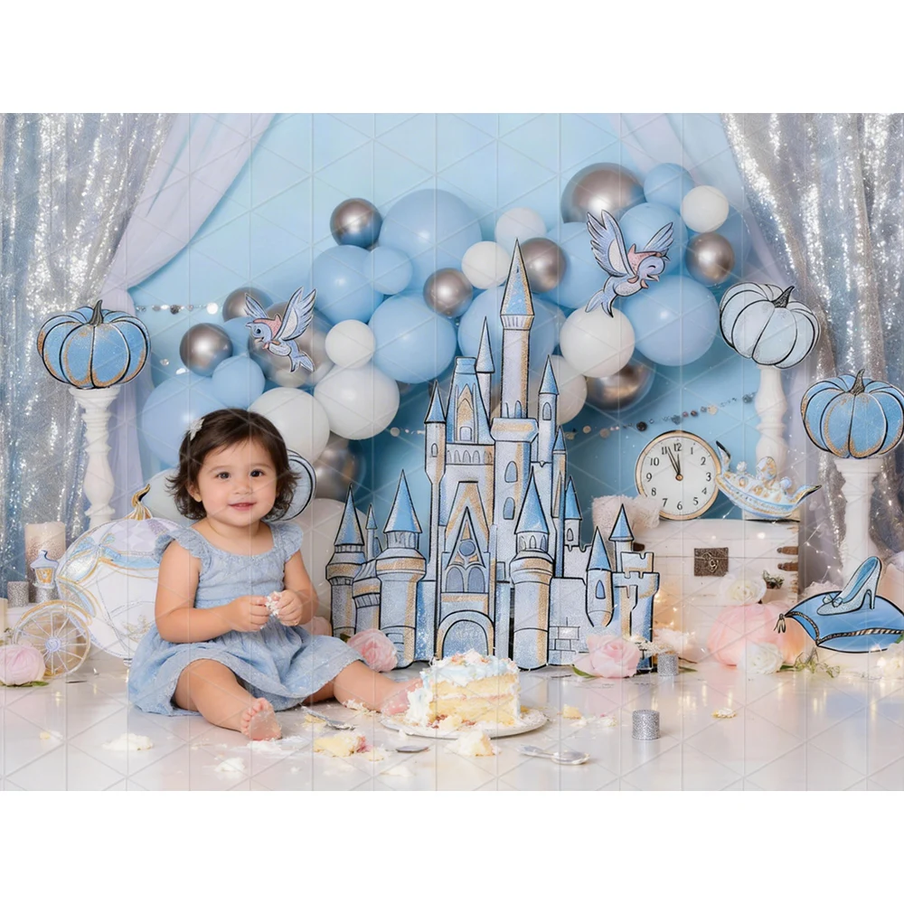 Cinderella Castle Themed Photography Backdrop Blue Pumpkin Carriage Balloons for Kids Birthday Cake Smash Princess Background