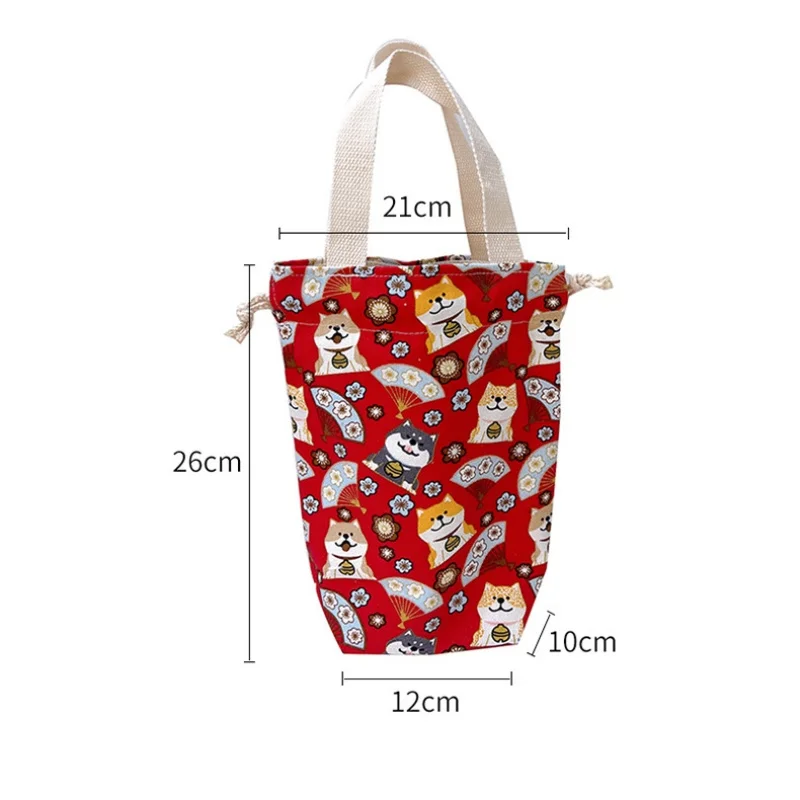 Portable Canvas Water Bottle Bag Case Thermos Pouch Cup Bag Cartoon Pictures Closing Drawstring Storage Bag Handbag