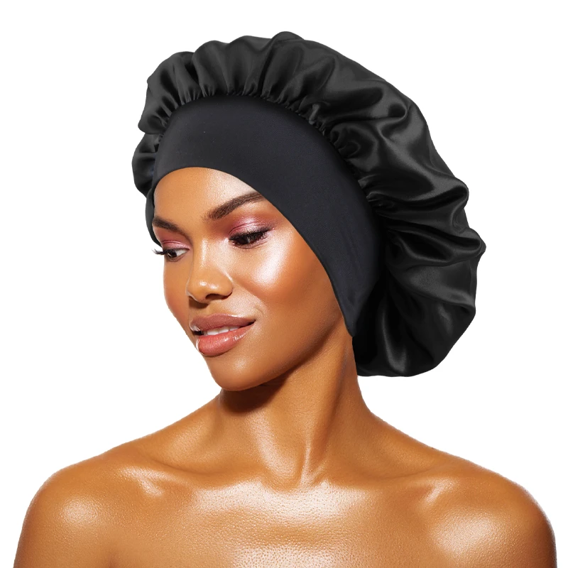 Women\'s Satin Solid Bonnets Wide-brimmed Night Sleeping Bathing Hat Unisex Head Wrap Elastic Band Cap Hair Care Bonnet