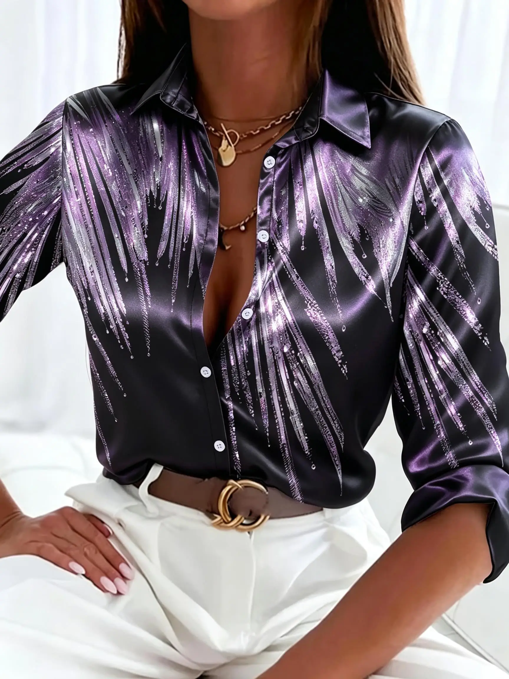 Women Lapel Collar Long Sleeve Button Shirt Glitter Line Print Casual Loose Daily Blouse Tops