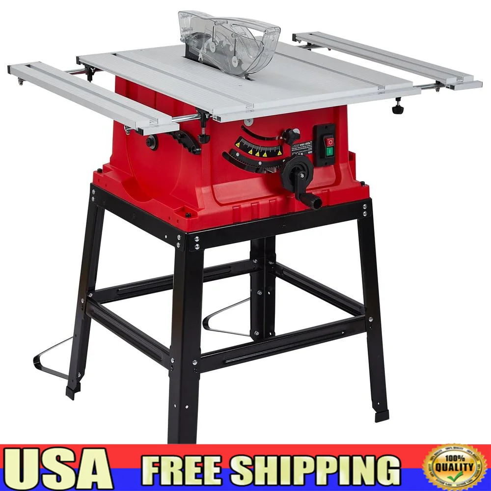 Multifunctional 10-Inch Table Saw with Stand & Push Stick 15A Cutting Speed Up to 5000 RPM Bevel Cut 0-45° Dust Collector Port