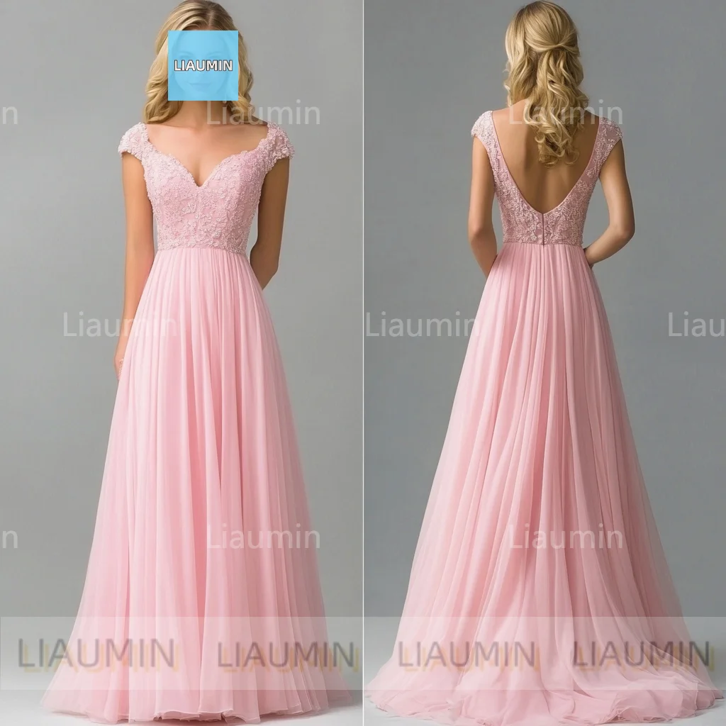 Classic A Line Pink Chiffon Floor Length Lace-up Back Prom Formal Wedding Dresses Evening Bridesmaid Clothing Custom Made C-2