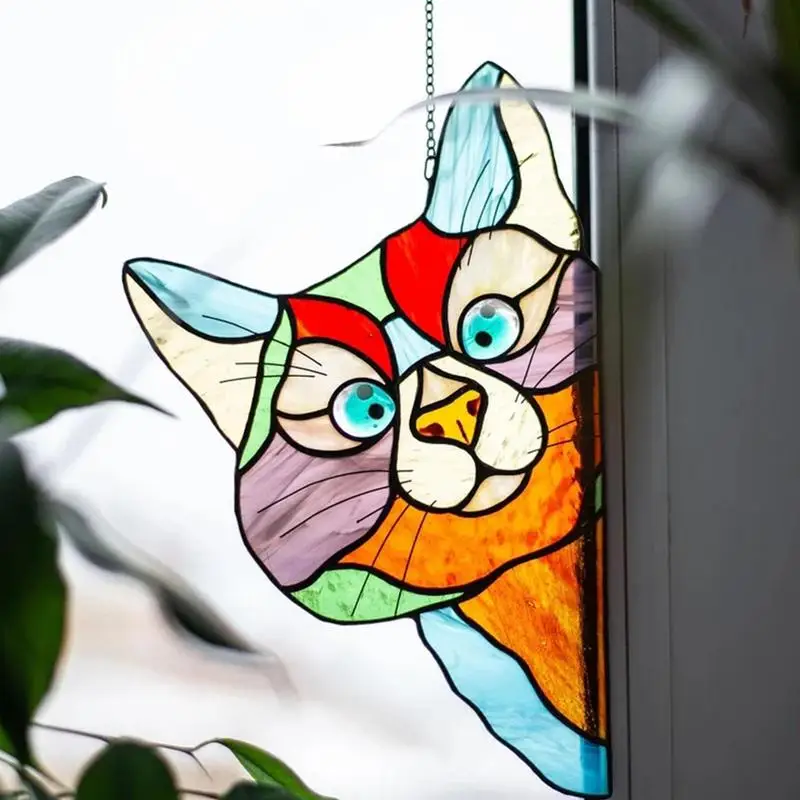 Cute Cartoon Cat Animal Pendant Decoration Stained Glass Cat Window Hanger Home Decoration Wall Stickers Kid's Room Pendant