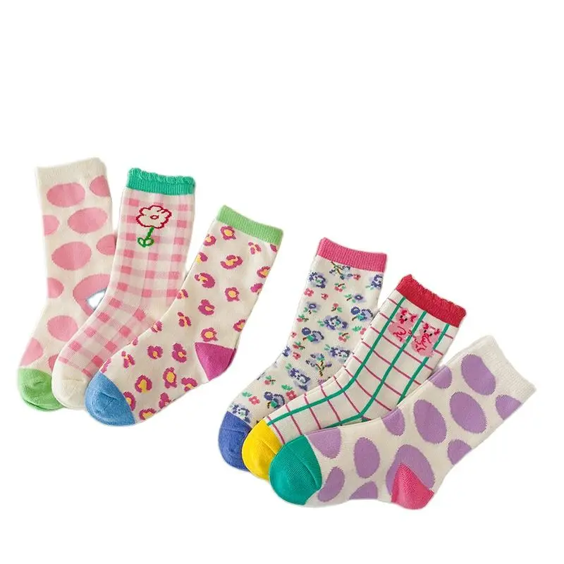 

1-8Year 3 Pairs 2023 spring color-blocked plaid floral socks pastoral style bubble mouth girls socks