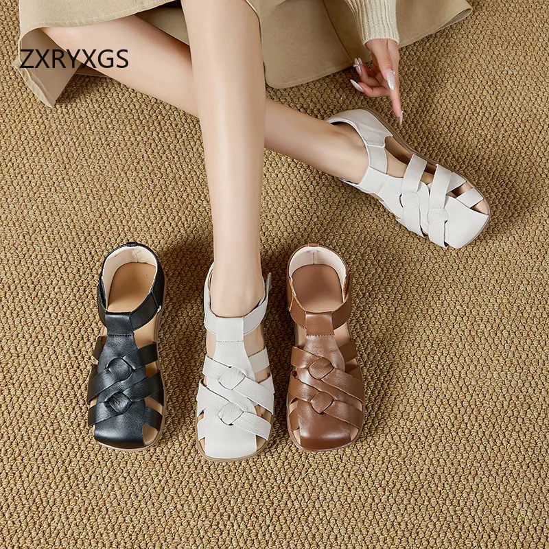 ZXRYXGS Promotion 2026 New Round Toe Weaving Hollow Genuine Leather Sandals Summer Women Sandals Flat Comfortable Casual Sandals