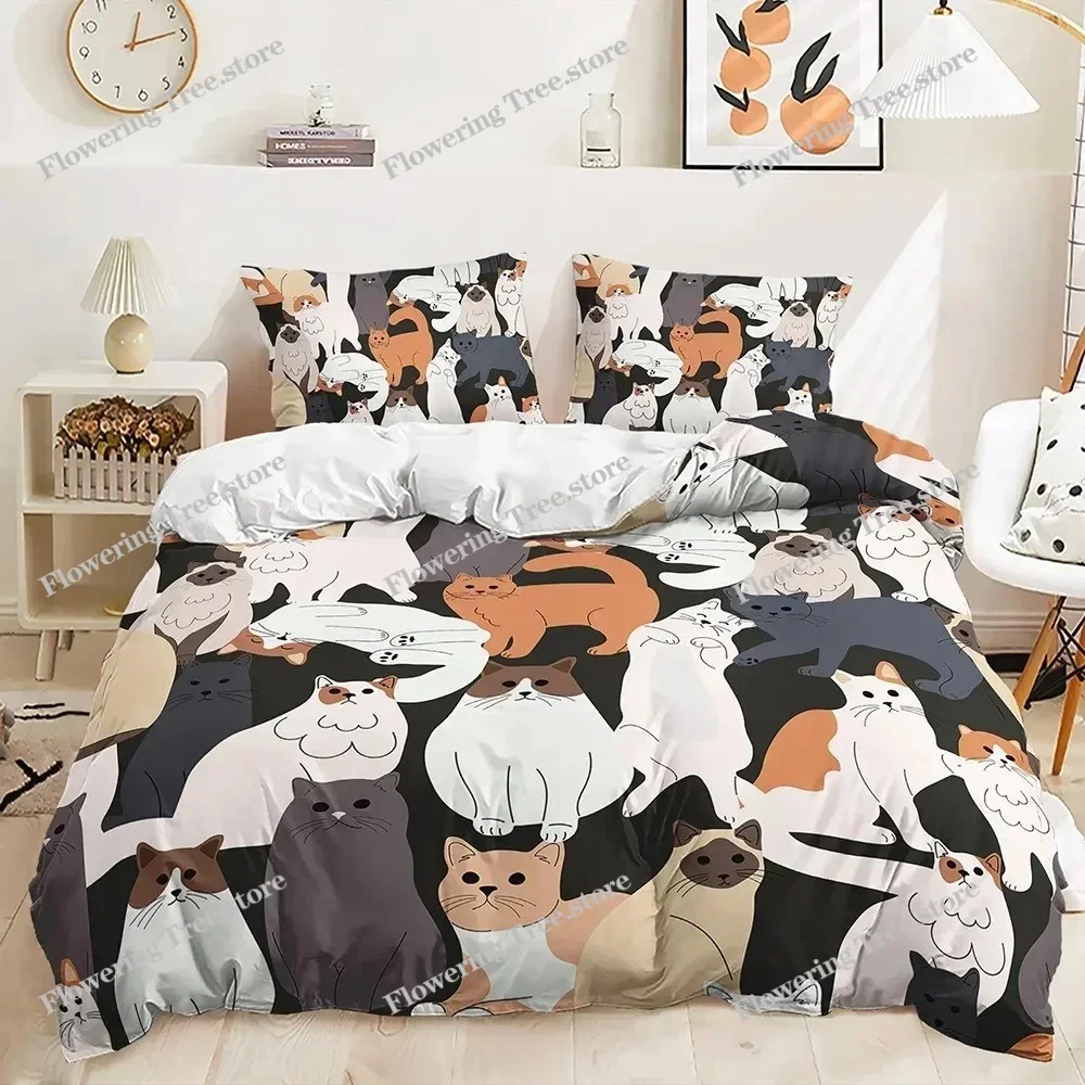 

Cute Cartoon Cat Bedding Set Soft Microfiber Bed Linen with Pillowcases Queen King Single Size Animals Duvet Cover Set029