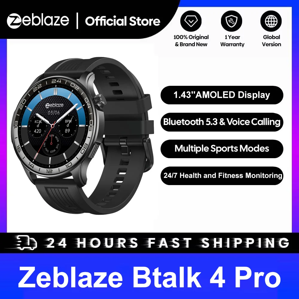 Novo Zeblaze Btalk 4 Pro Smartwatch com Chamadas de Voz, Tela AMOLED de 1.43'', Monitor de Frequência Cardíaca, Fitness e Bem-Estar para Homens