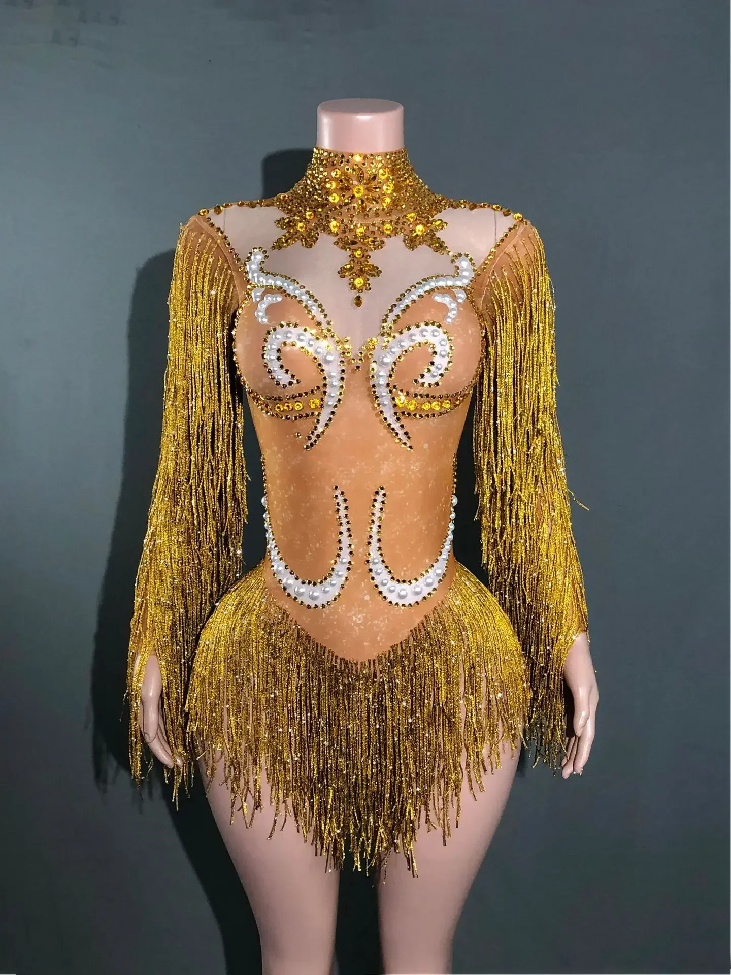 Neues Tanzkostüm für Frauen, Geburtstagsparty-Outfit, Luxuriöser Grauer Fransen-Body mit Silberfarbenen Strasssteinen und Perlen, Transparenter Bodysuit – Detail 2