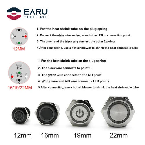 Imagen 2 del producto 5V 12/16/19/22mm ordenador PC Host inicio reinicio PC alimentación LED interruptor de botón de Metal con Cable de placa base de 60cm rojo azul verde