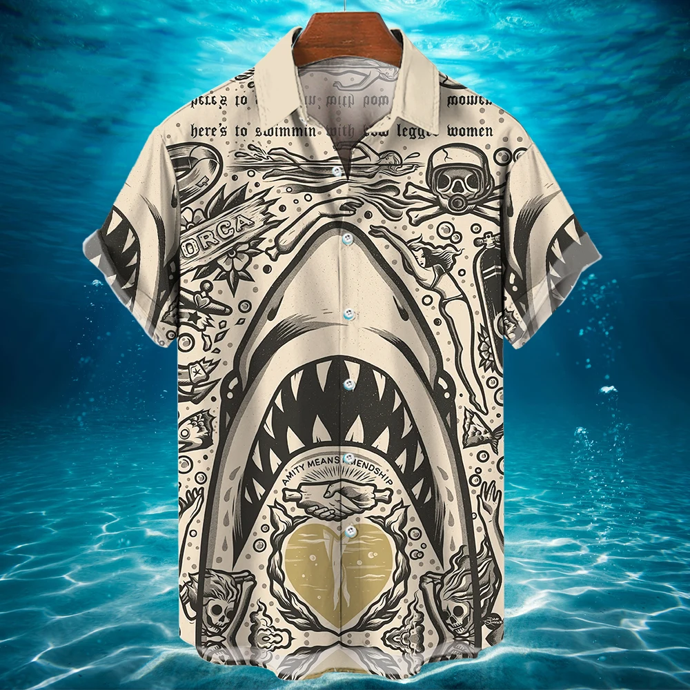 Summer Men's Hawaiian Shirt Cool Fashion Shark 3d Print Trend Short-Sleeve Casual Outdoor Street Fashion Clothing Breathable Top