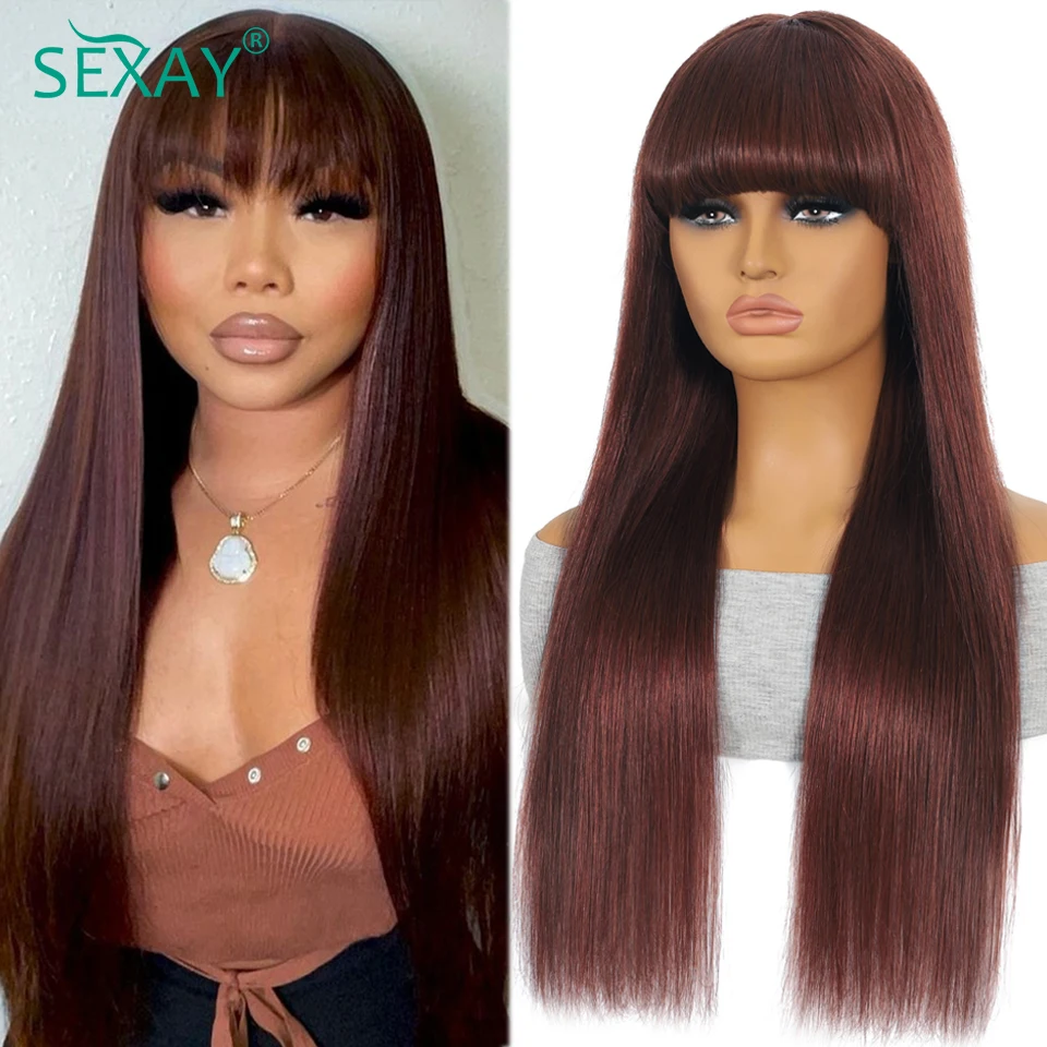 

Reddish Brown Fake Scalp Bang Wig 28 Inch Brazilian Human Hair 3 Inch Scalp Hairline Fringe Human Hair Wigs With Bangs For Women