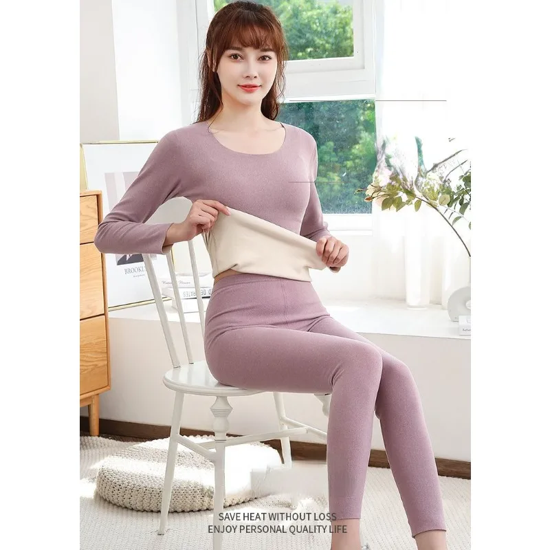 2023 New Autumn Winter Women's Warm Underwear Set Made of De Rong No Trace Heat Solid Color Plush Round Neck Underlay Nightwear